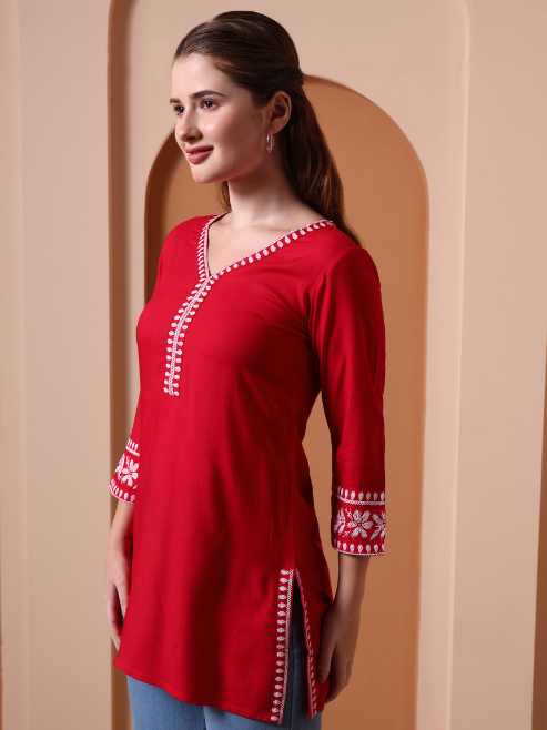 Yash Gallery Women’s Rayon Kurti with Printed Chikankari (Red)