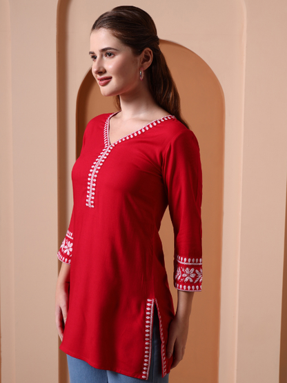 Yash Gallery Women’s Rayon Kurti with Printed Chikankari (Red)
