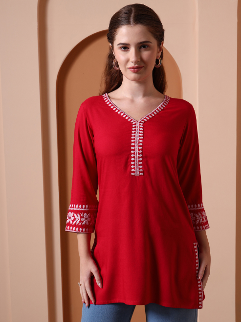 Yash Gallery Women’s Rayon Kurti with Printed Chikankari (Red)
