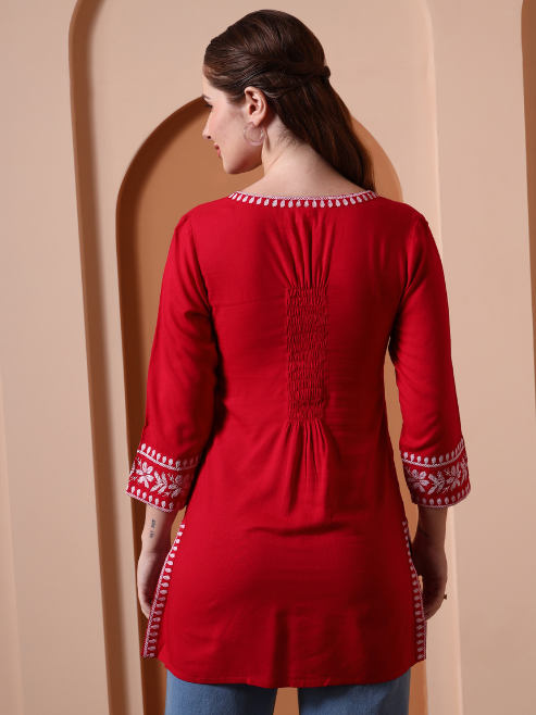 Yash Gallery Women’s Rayon Kurti with Printed Chikankari (Red)