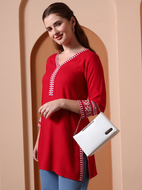 Yash Gallery Women’s Rayon Kurti with Printed Chikankari (Red)