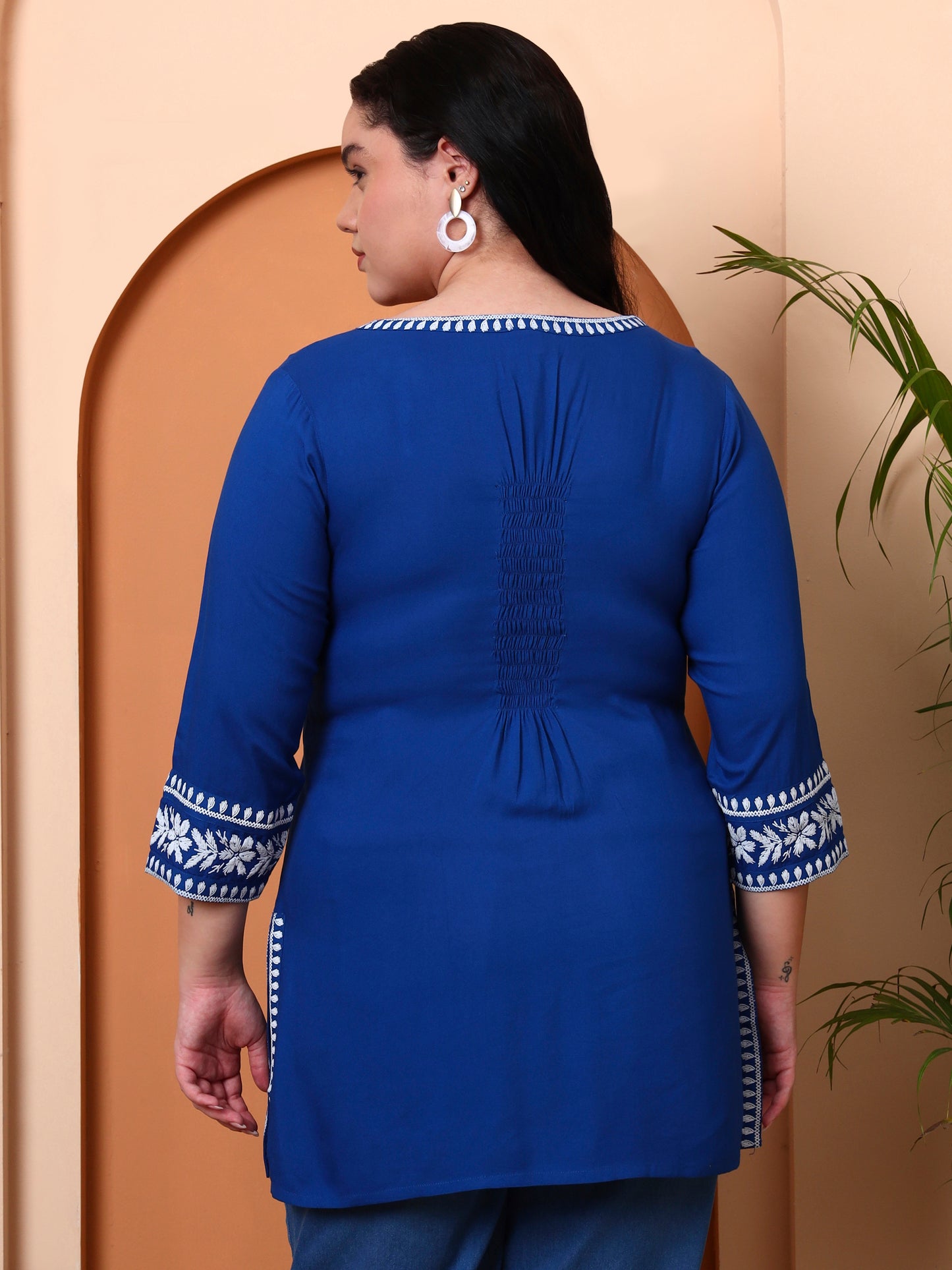 Yash Gallery Women’s Rayon Kurti with Printed Chikankari (Blue)
