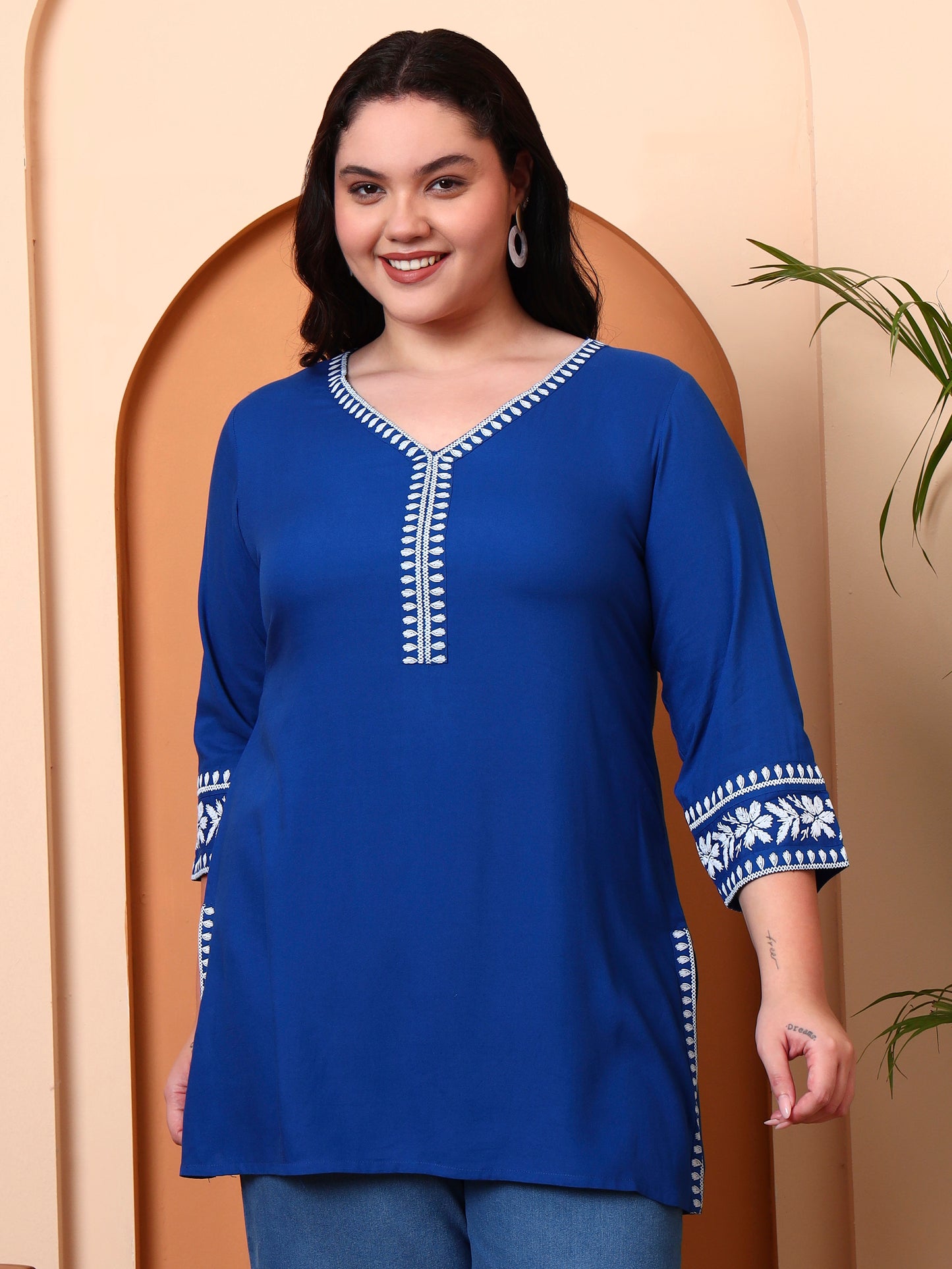 Yash Gallery Women’s Rayon Kurti with Printed Chikankari (Blue)