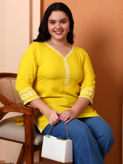 Yash Gallery Women’s Rayon Kurti with Printed Chikankari (Yellow)