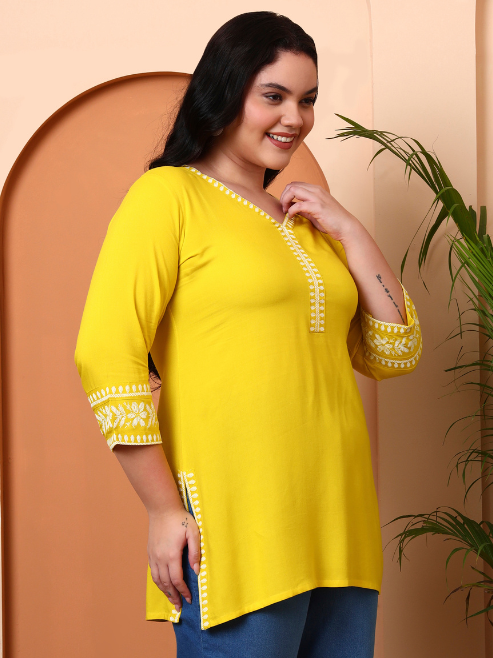 Yash Gallery Women’s Rayon Kurti with Printed Chikankari (Yellow)