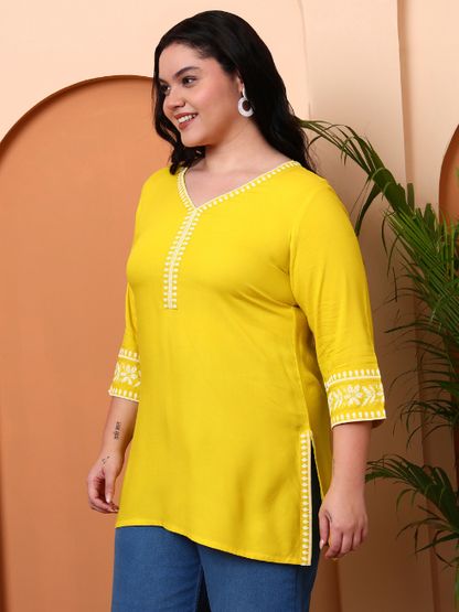 Yash Gallery Women’s Rayon Kurti with Printed Chikankari (Yellow)