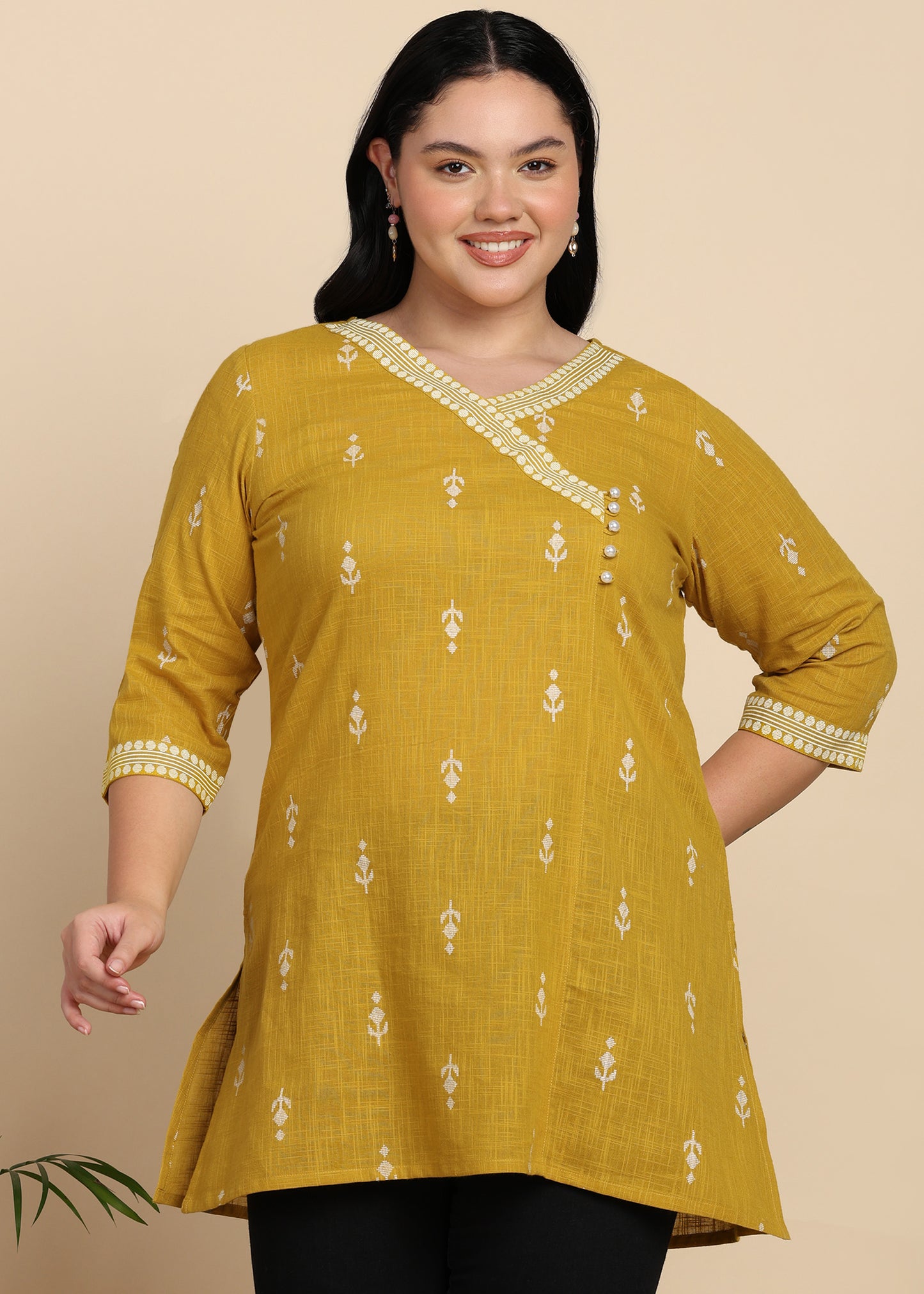 Yash Gallery Women’s Yellow Cambric Cotton Printed Straight Short Kurti