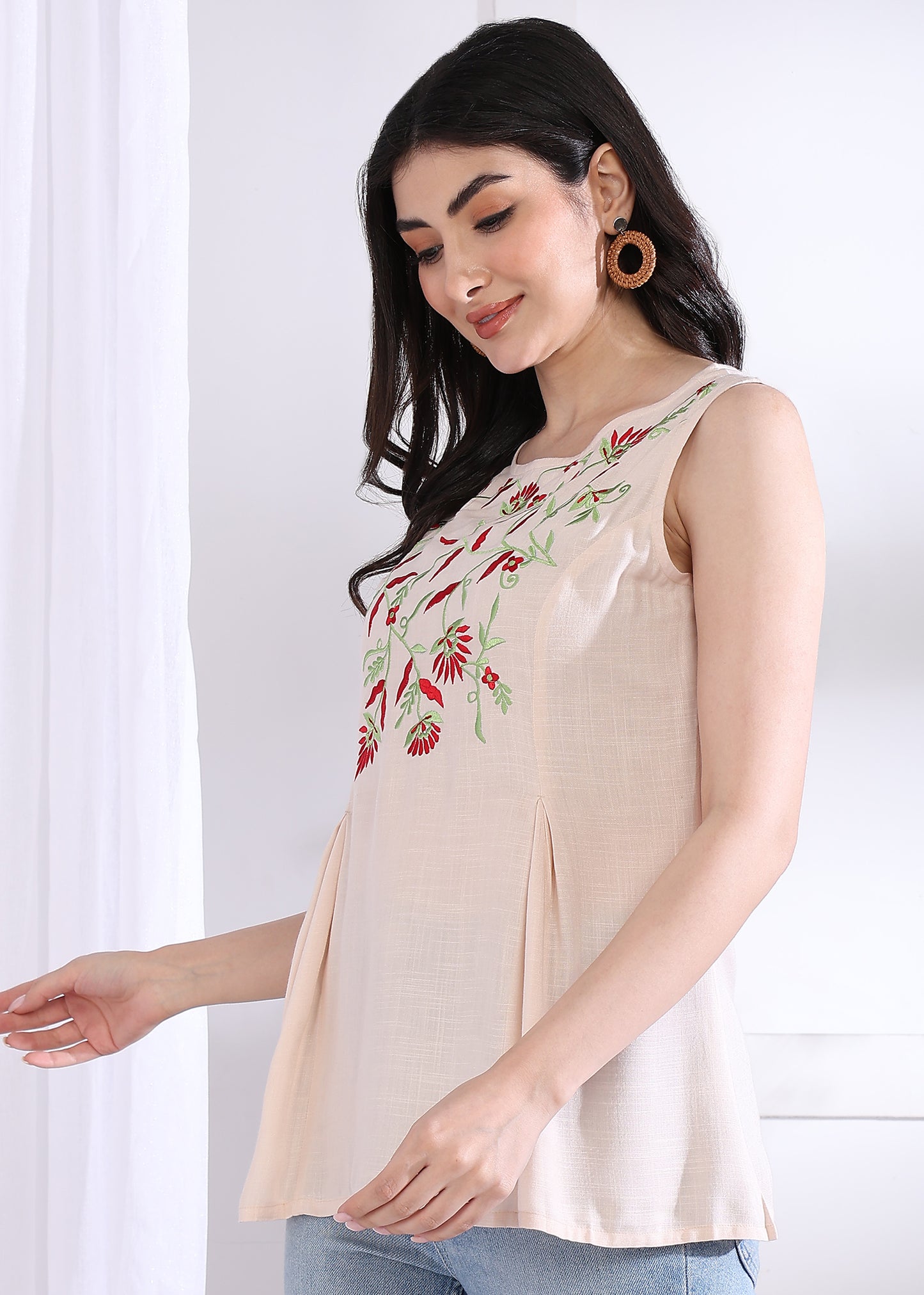 Yash Gallery Women's Casual Sleeveless Embroidered Women White Top