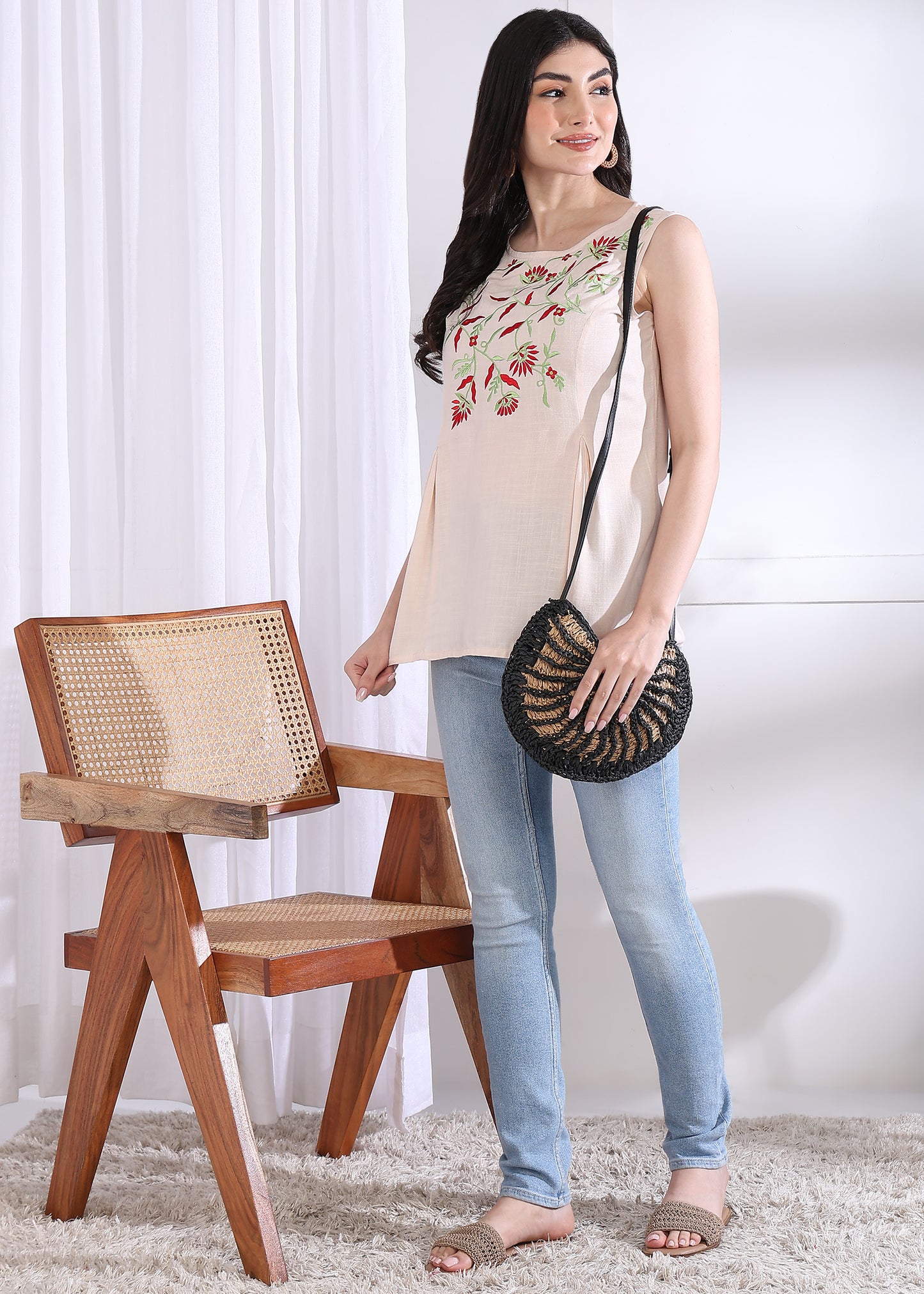 Yash Gallery Women's Casual Sleeveless Embroidered Women White Top