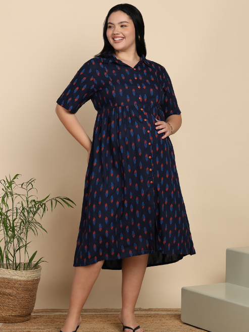 Yash Gallery Women's Cotton Maternity Wear Plus Size Floral Buti Printed Dress (Maroon)