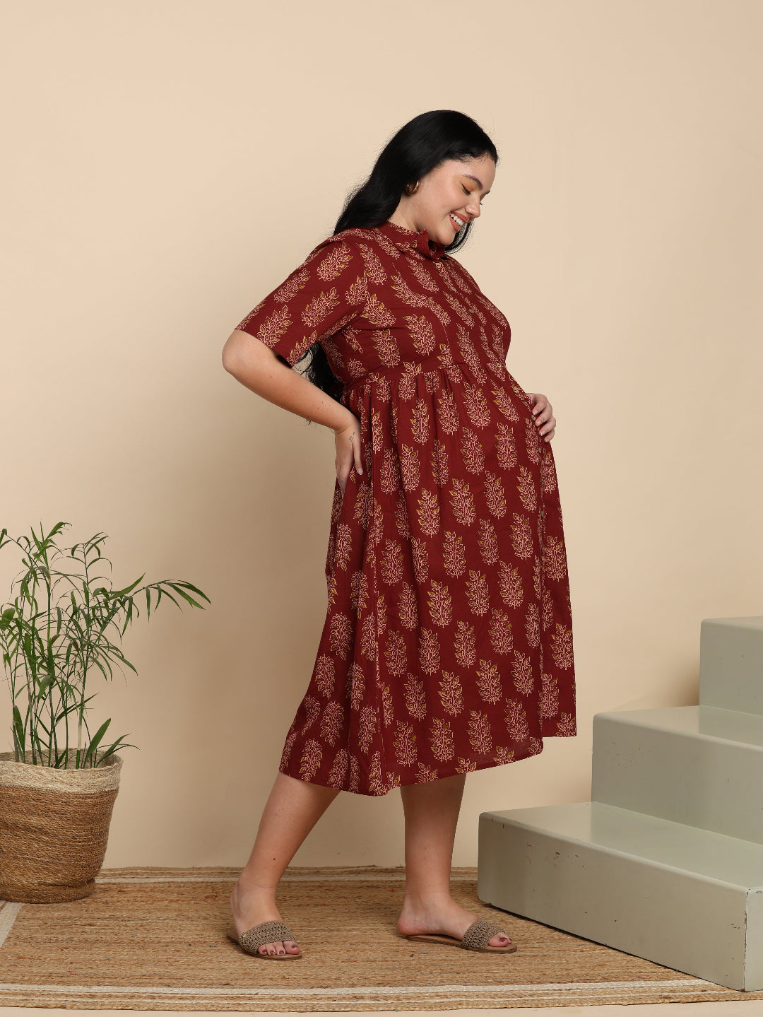 Yash Gallery Women Maternity Cotton Cambric Midi Dress
