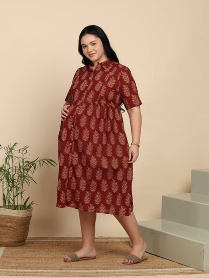 Yash Gallery Women Maternity Cotton Cambric Midi Dress