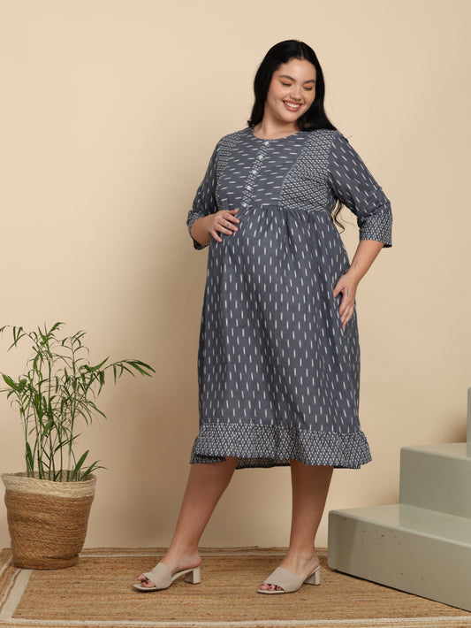 Yash Gallery Women’s Cotton Maternity & Nursing Dress with Both-Side Zips Ikat Print Round Neck, 3/4 Sleeves (Grey)