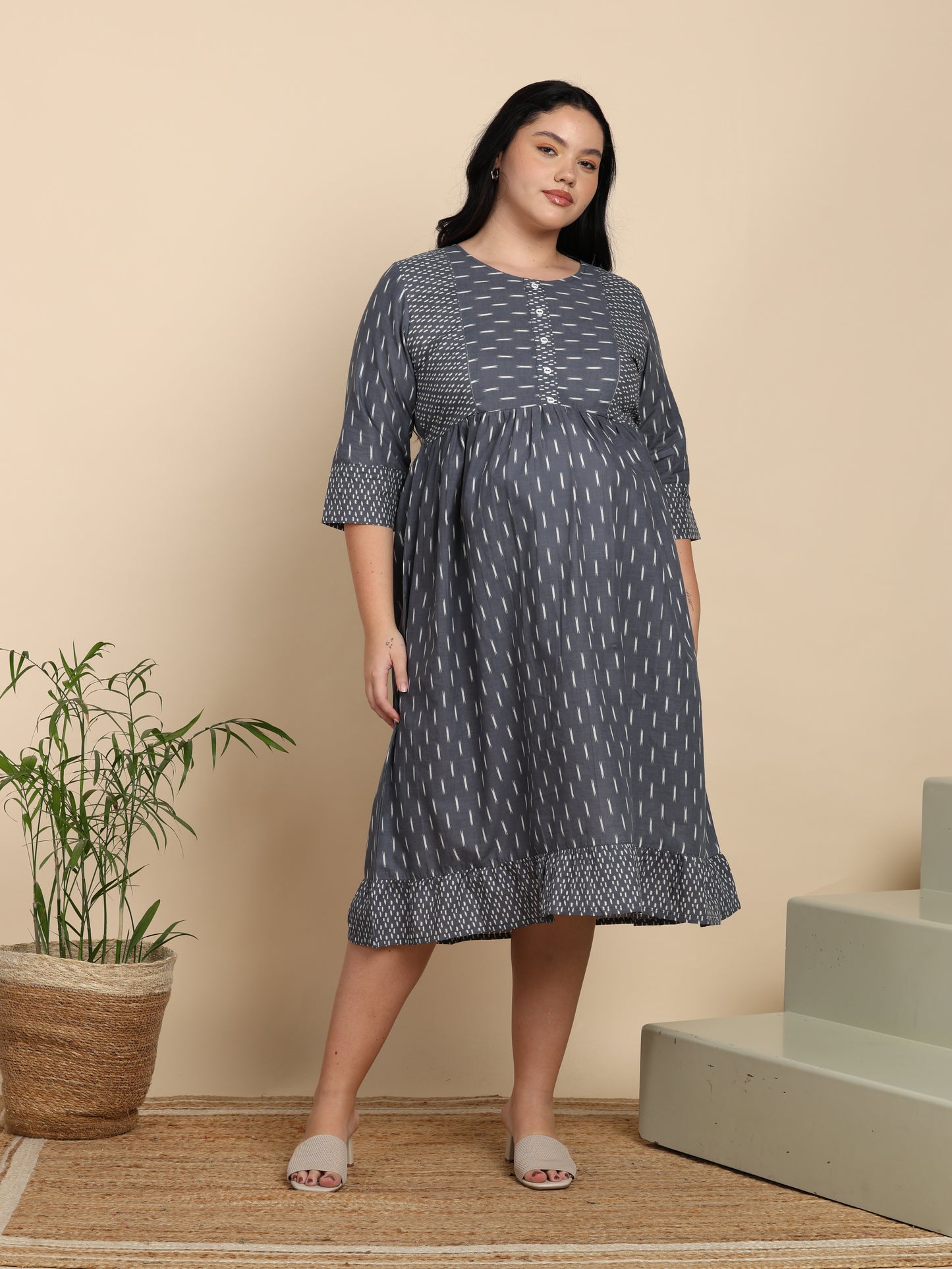 Yash Gallery Women’s Cotton Maternity & Nursing Dress with Both-Side Zips Ikat Print Round Neck, 3/4 Sleeves (Grey)