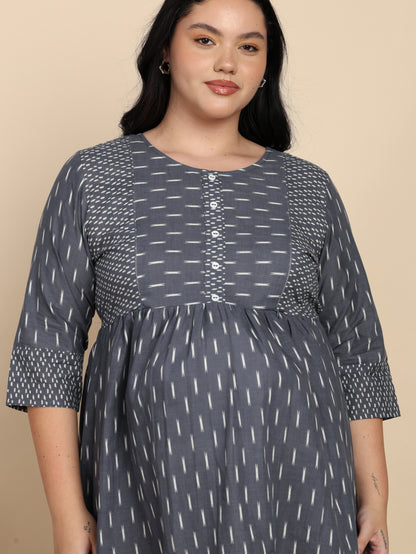 Yash Gallery Women’s Cotton Maternity & Nursing Dress with Both-Side Zips Ikat Print Round Neck, 3/4 Sleeves (Grey)