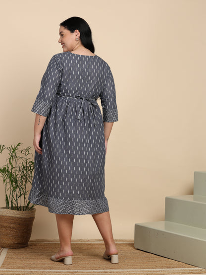 Yash Gallery Women’s Cotton Maternity & Nursing Dress with Both-Side Zips Ikat Print Round Neck, 3/4 Sleeves (Grey)