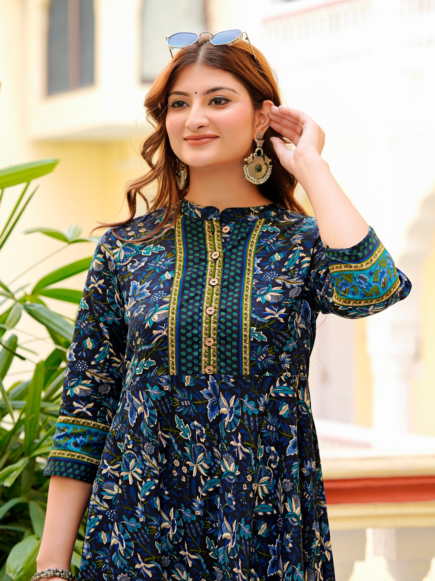 Yash Gallery Women's Cotton Blend Fabric 3/4 sleeve mandarin collar Floral Printed Anarkali Kurta (Blue)