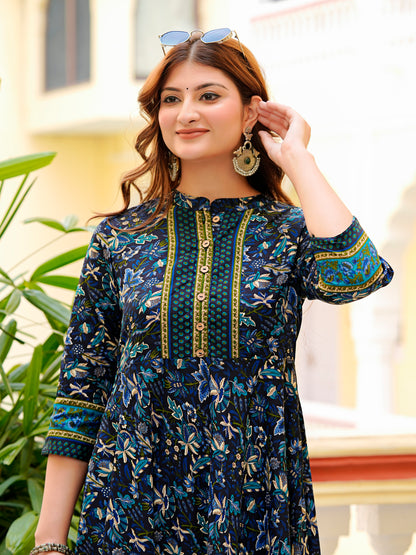 Yash Gallery Women's Cotton Blend Fabric 3/4 sleeve mandarin collar Floral Printed Anarkali Kurta (Blue)