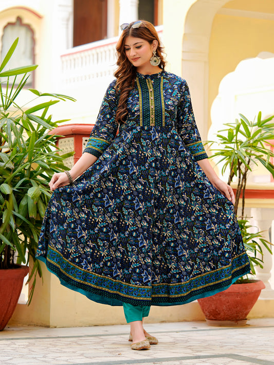 Yash Gallery Women's Cotton Blend Fabric 3/4 sleeve mandarin collar Floral Printed Anarkali Kurta (Blue)