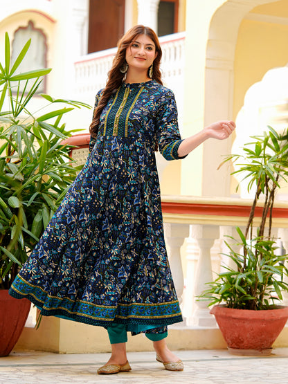 Yash Gallery Women's Cotton Blend Fabric 3/4 sleeve mandarin collar Floral Printed Anarkali Kurta (Blue)