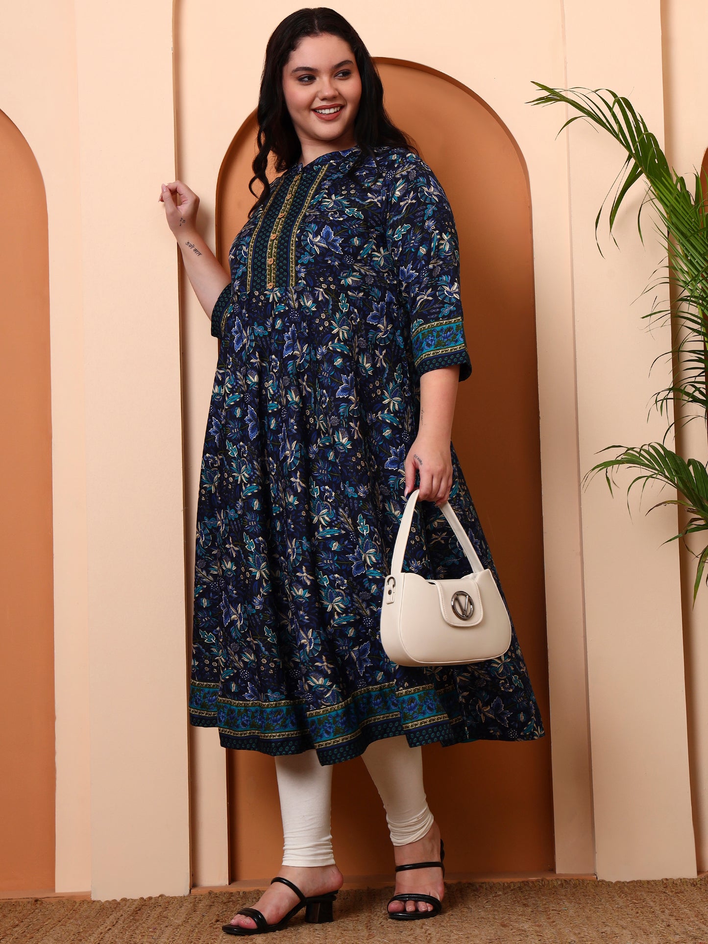 Yash Gallery Women's Cotton Blend Fabric 3/4 sleeve mandarin collar Floral Printed Anarkali Kurta (Blue)