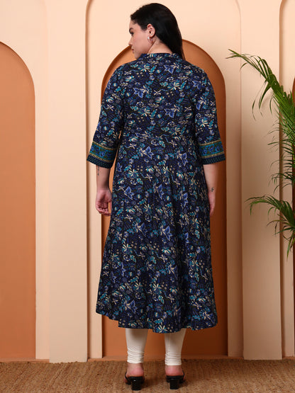 Yash Gallery Women's Cotton Blend Fabric 3/4 sleeve mandarin collar Floral Printed Anarkali Kurta (Blue)