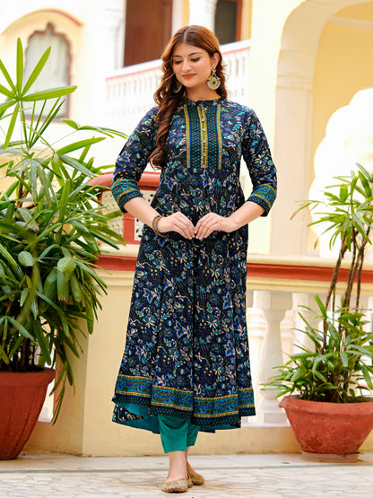 Yash Gallery Women's Cotton Blend Fabric 3/4 sleeve mandarin collar Floral Printed Anarkali Kurta (Blue)