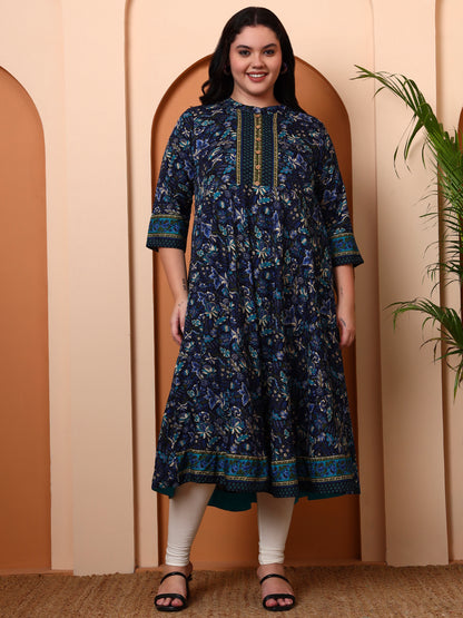 Yash Gallery Women's Cotton Blend Fabric 3/4 sleeve mandarin collar Floral Printed Anarkali Kurta (Blue)