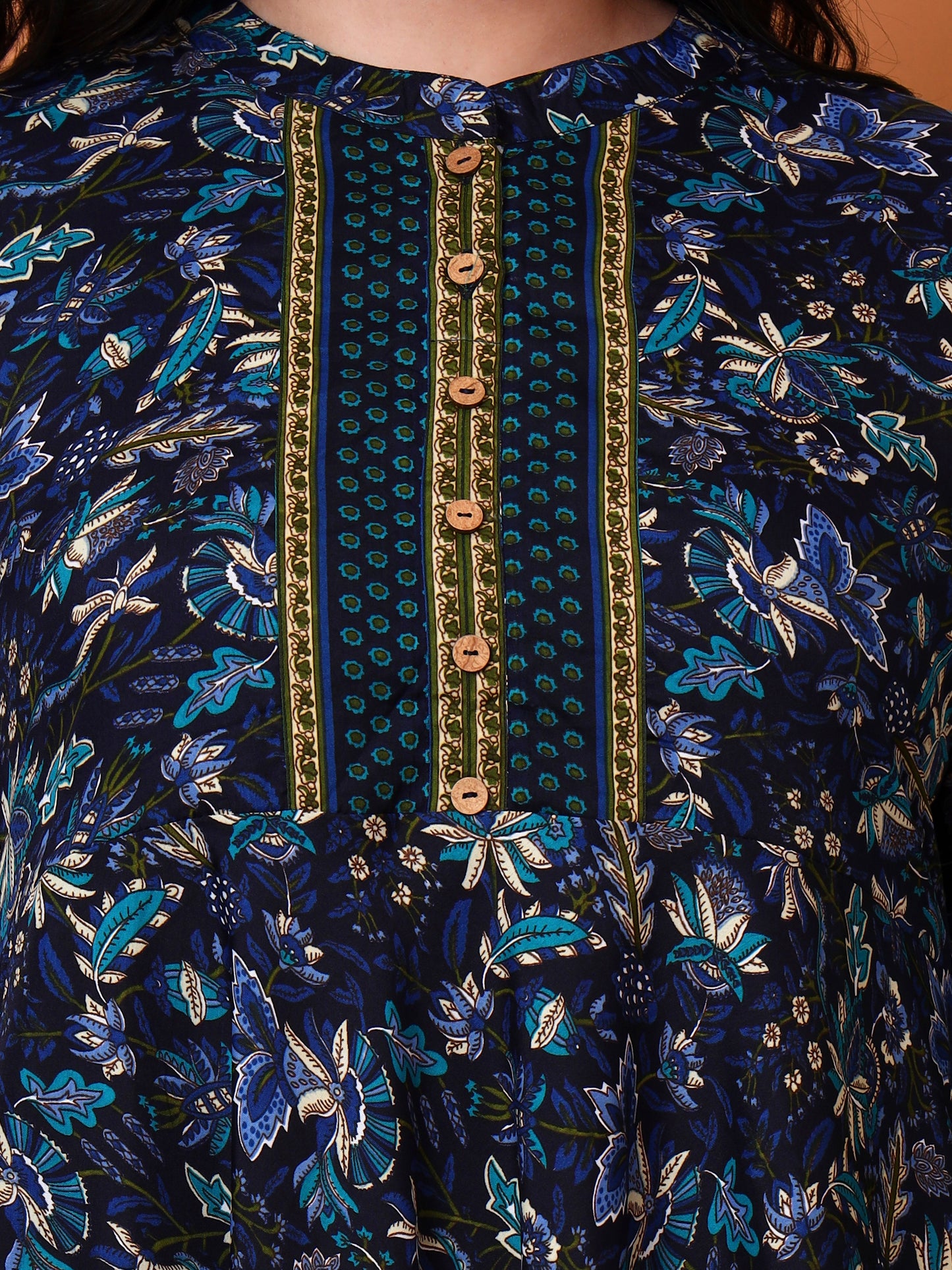 Yash Gallery Women's Cotton Blend Fabric 3/4 sleeve mandarin collar Floral Printed Anarkali Kurta (Blue)