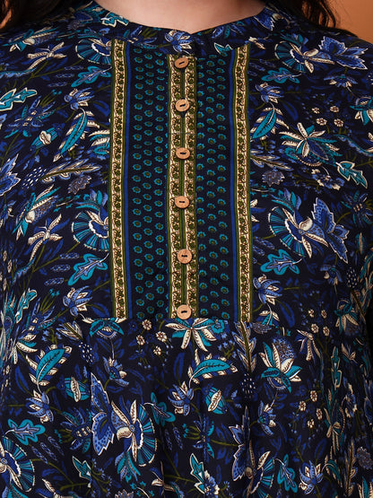 Yash Gallery Women's Cotton Blend Fabric 3/4 sleeve mandarin collar Floral Printed Anarkali Kurta (Blue)
