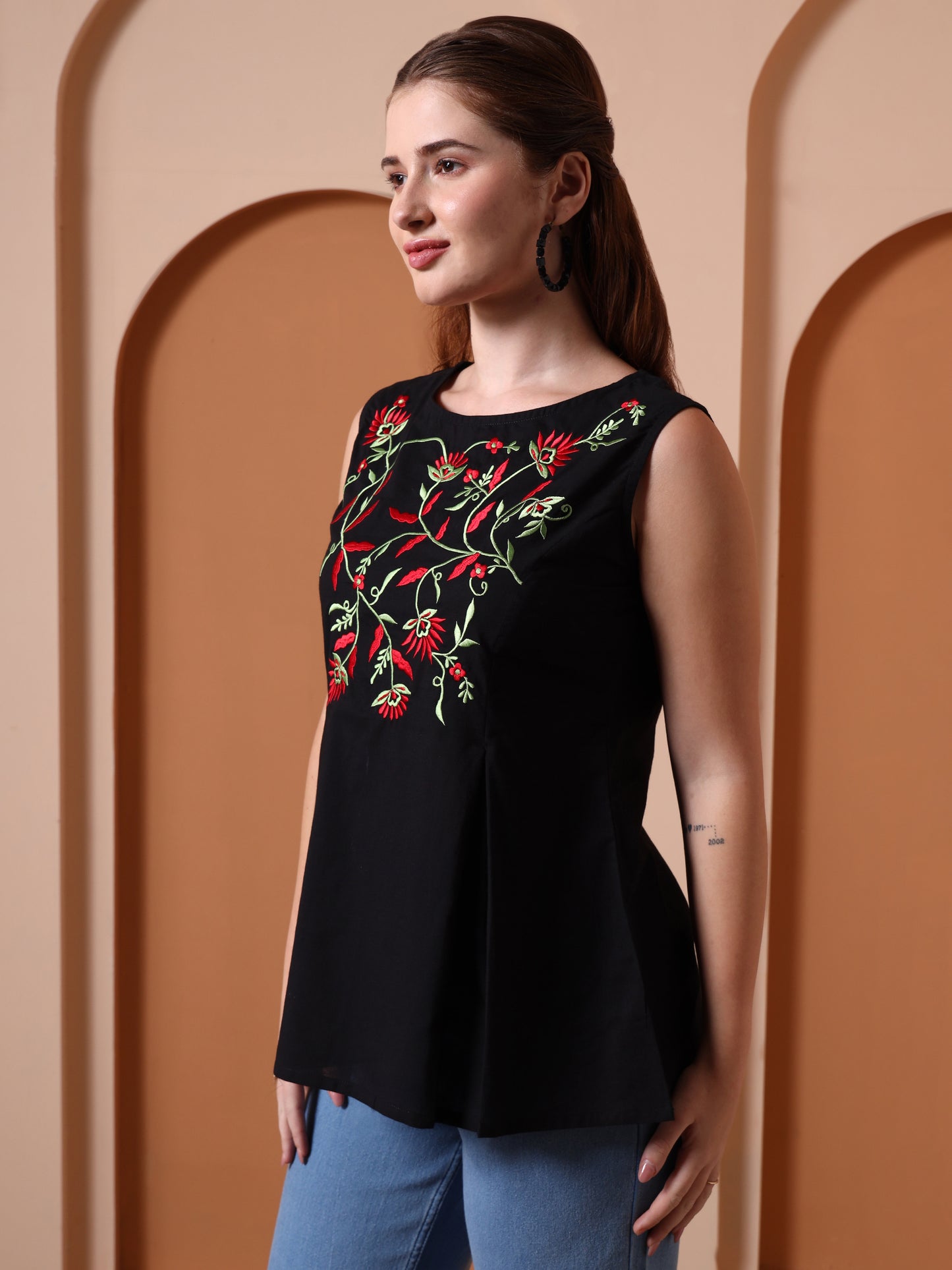 Yash Gallery Women’s Cambric Cotton Embroidered Sleeveless Top