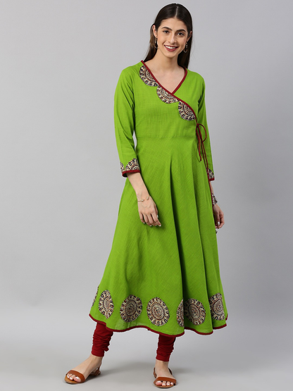 Yash Gallery Women's Cotton Slub Patch Work Angrakha Kurta (Green)