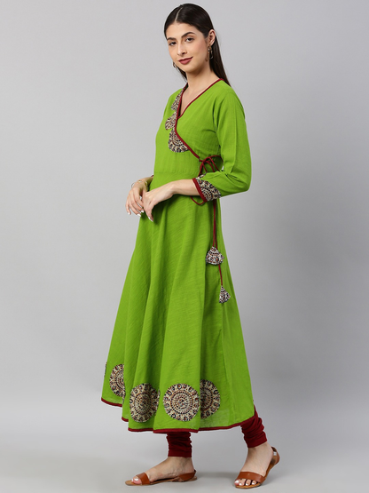 Yash Gallery Women's Cotton Slub Patch Work Angrakha Kurta (Green)