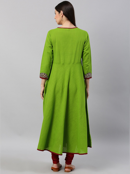 Yash Gallery Women's Cotton Slub Patch Work Angrakha Kurta (Green)