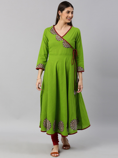 Yash Gallery Women's Cotton Slub Patch Work Angrakha Kurta (Green)