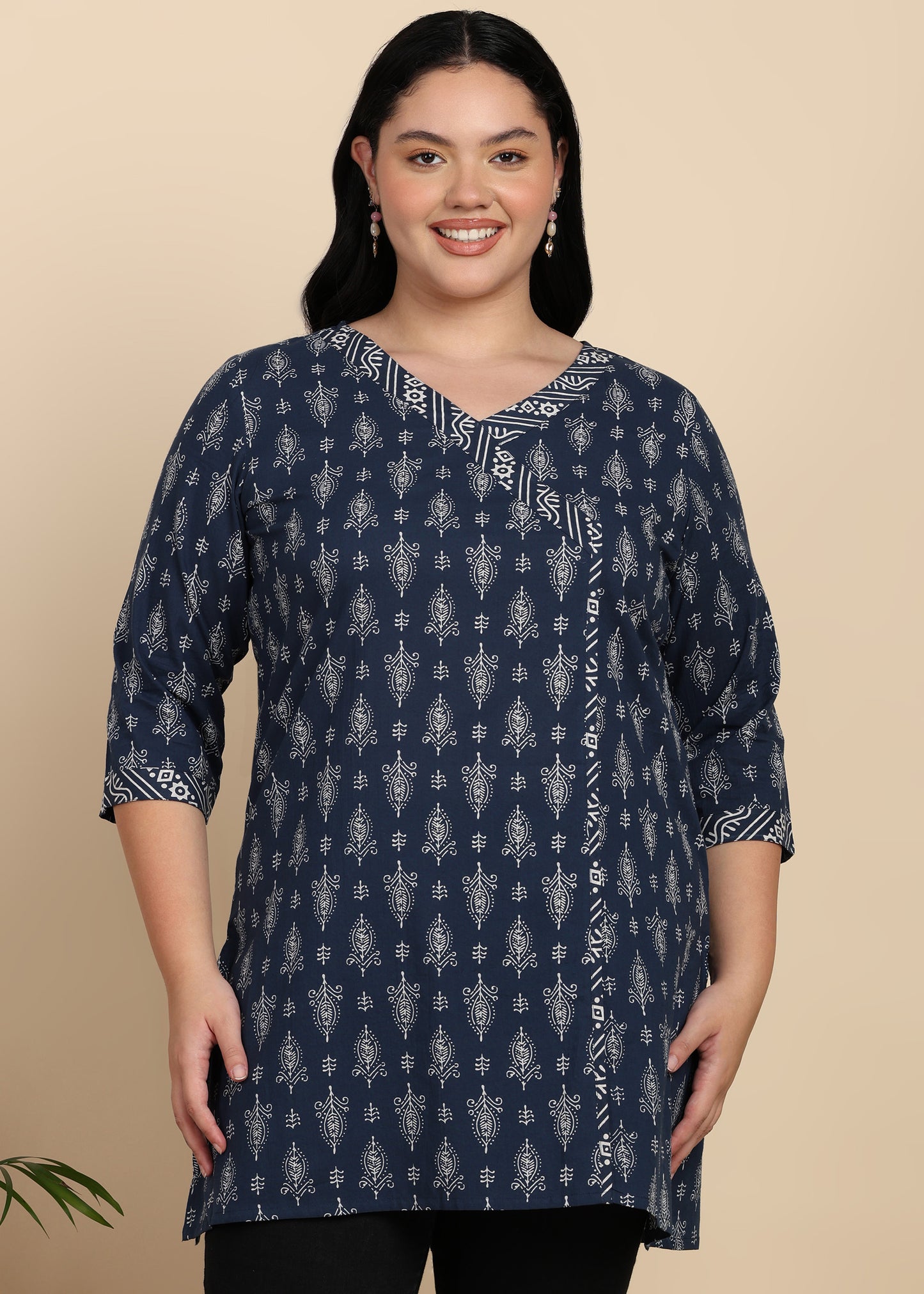 Yash Gallery Women’s Plus Size Blue Cambric Cotton Printed Straight Short Kurti