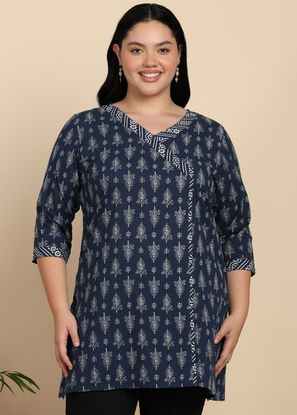 Yash Gallery Women’s Plus Size Blue Cambric Cotton Printed Straight Short Kurti
