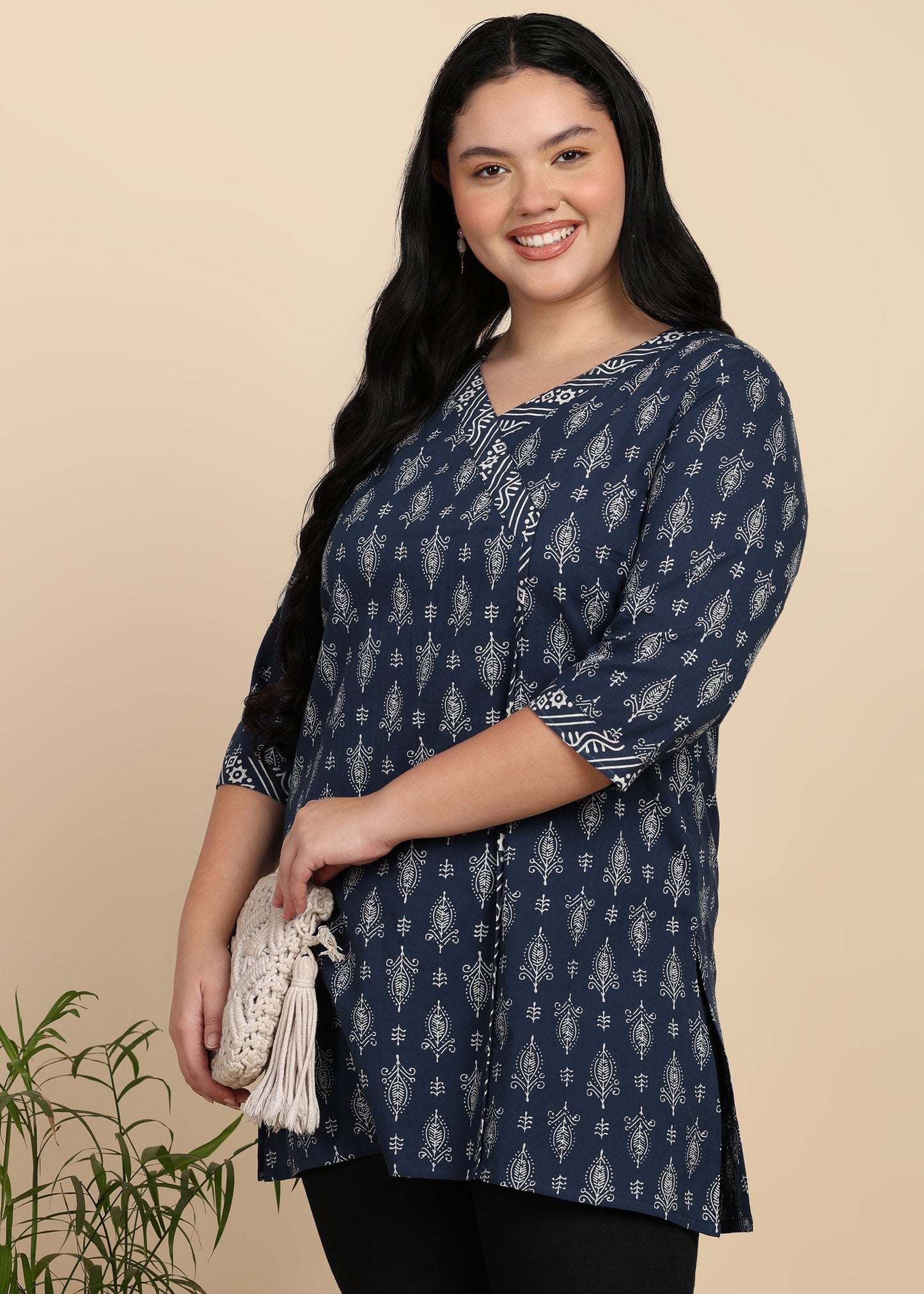Yash Gallery Women’s Plus Size Blue Cambric Cotton Printed Straight Short Kurti