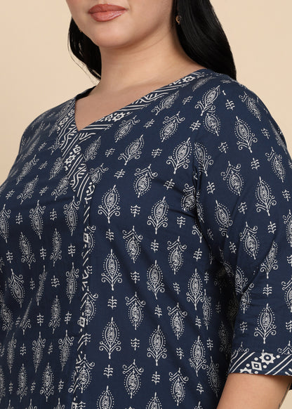 Yash Gallery Women’s Plus Size Blue Cambric Cotton Printed Straight Short Kurti