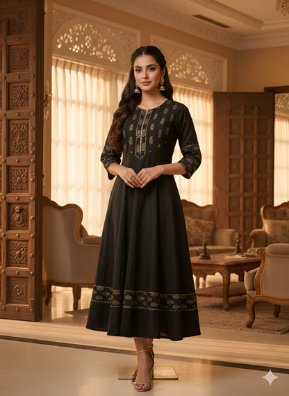 Yash Gallery Women’s Cotton Foil-Printed Kurta Round Neck, 3/4 Sleeves, Calf Length (Black)