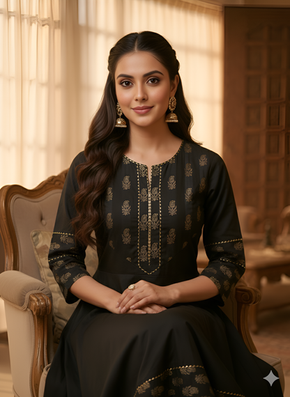 Yash Gallery Women’s Cotton Foil-Printed Kurta Round Neck, 3/4 Sleeves, Calf Length (Black)