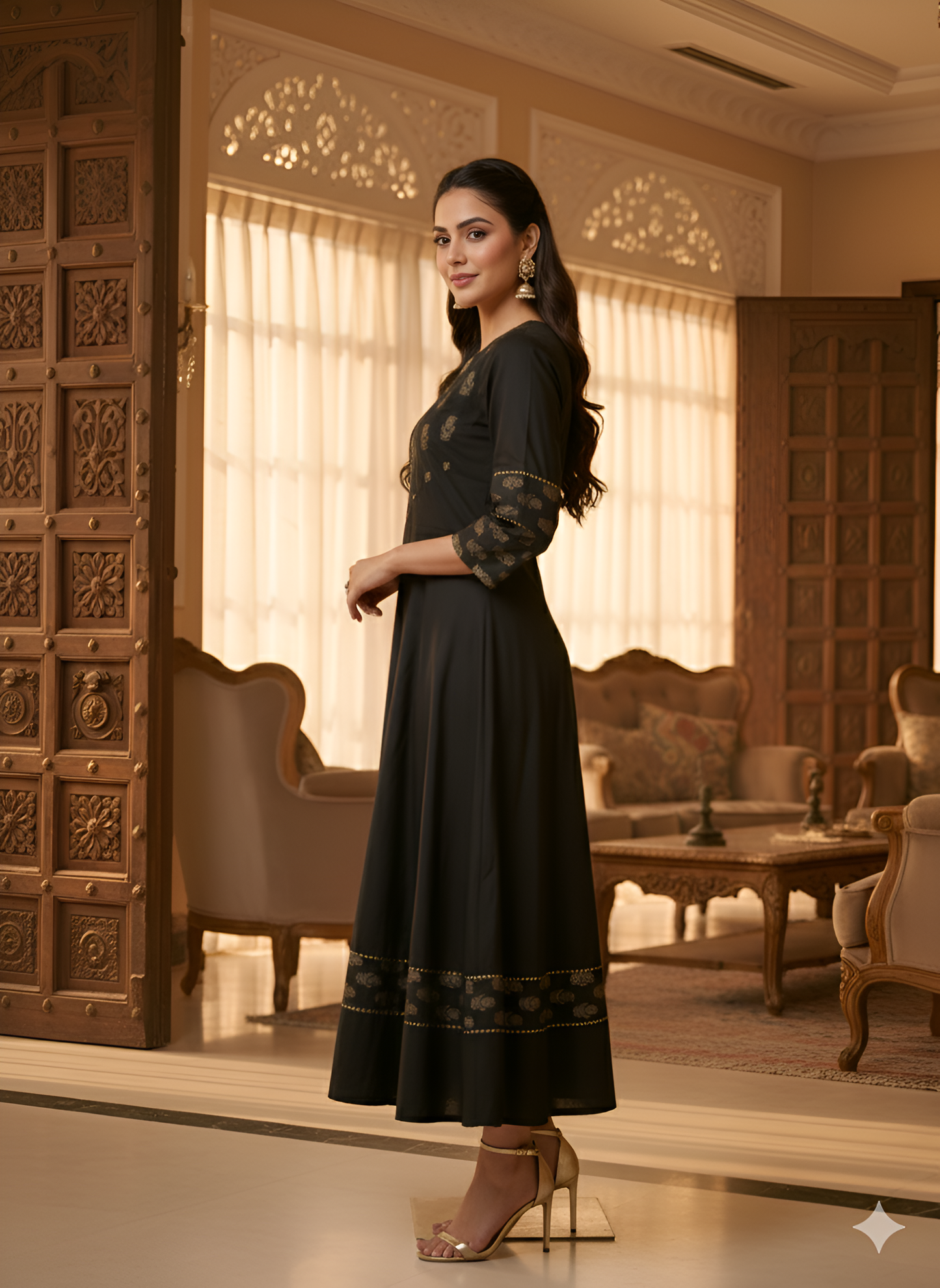 Yash Gallery Women’s Cotton Foil-Printed Kurta Round Neck, 3/4 Sleeves, Calf Length (Black)