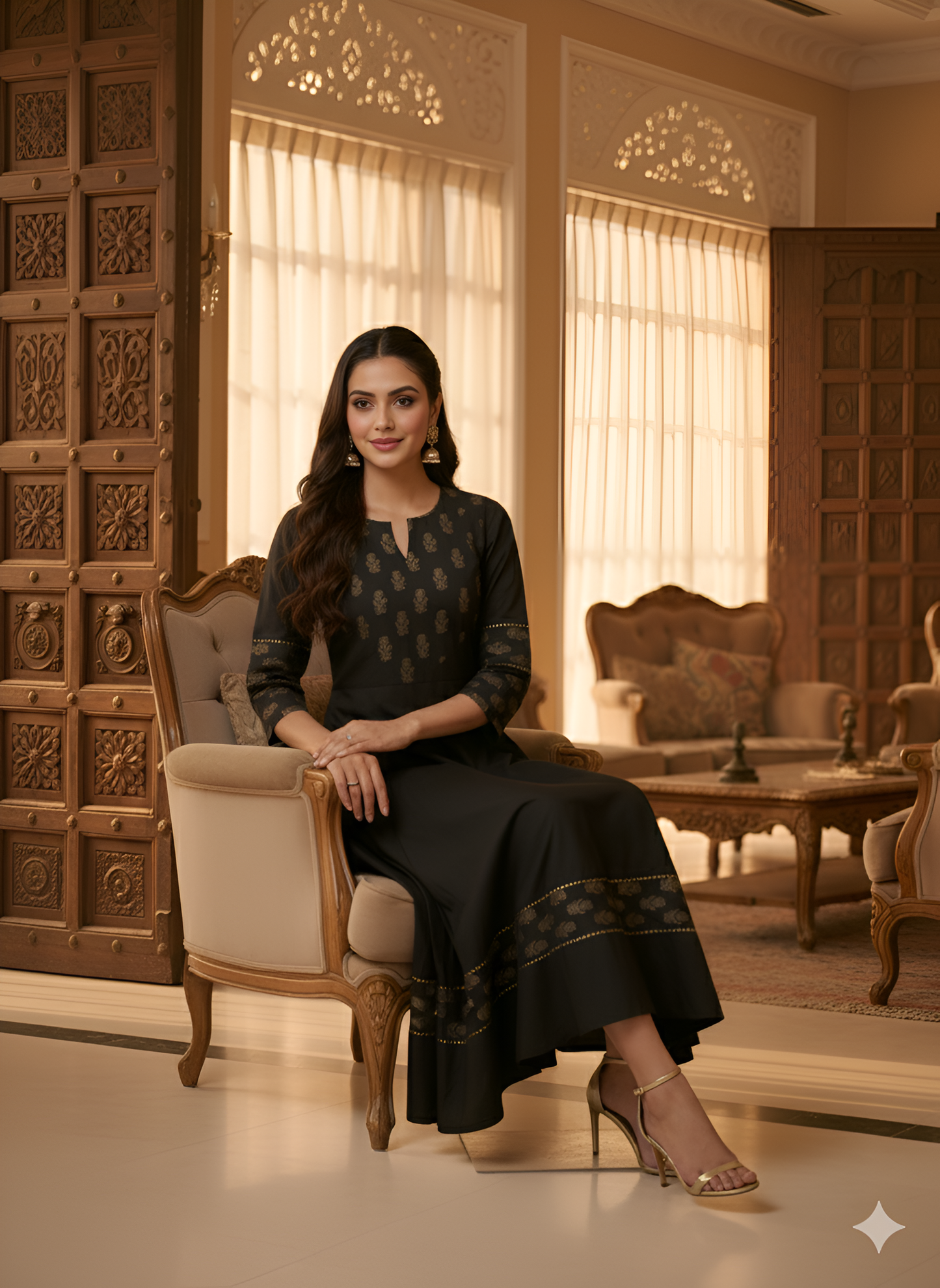 Yash Gallery Women’s Cotton Foil-Printed Kurta Round Neck, 3/4 Sleeves, Calf Length (Black)