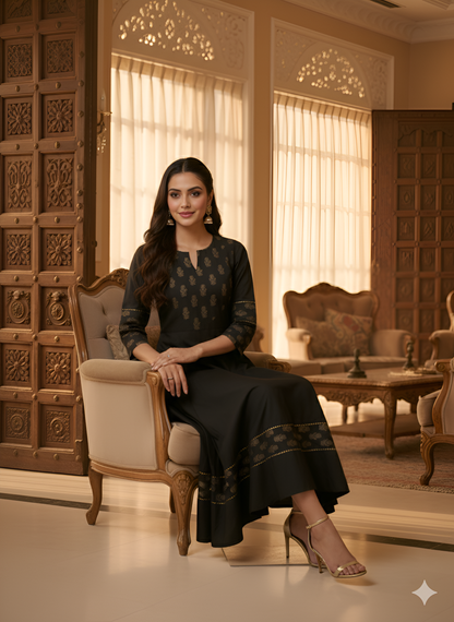 Yash Gallery Women’s Cotton Foil-Printed Kurta Round Neck, 3/4 Sleeves, Calf Length (Black)