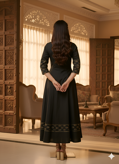 Yash Gallery Women’s Cotton Foil-Printed Kurta Round Neck, 3/4 Sleeves, Calf Length (Black)