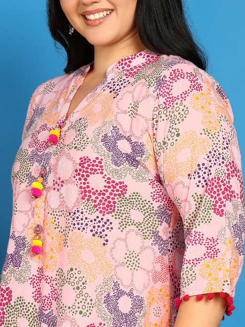 Yash Gallery Women’s Cotton Printed A-Line Kurta Mandarin Collar V-Neck, 3/4 Sleeves (Pink)