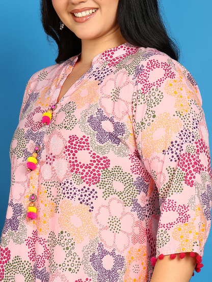 Yash Gallery Women’s Cotton Printed A-Line Kurta Mandarin Collar V-Neck, 3/4 Sleeves (Pink)