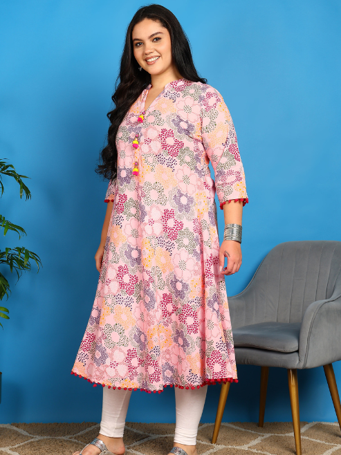 Yash Gallery Women’s Cotton Printed A-Line Kurta Mandarin Collar V-Neck, 3/4 Sleeves (Pink)