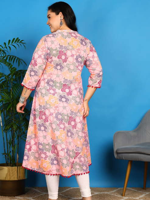 Yash Gallery Women’s Cotton Printed A-Line Kurta Mandarin Collar V-Neck, 3/4 Sleeves (Pink)