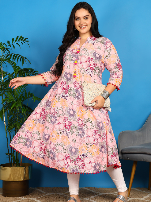 Yash Gallery Women’s Cotton Printed A-Line Kurta Mandarin Collar V-Neck, 3/4 Sleeves (Pink)